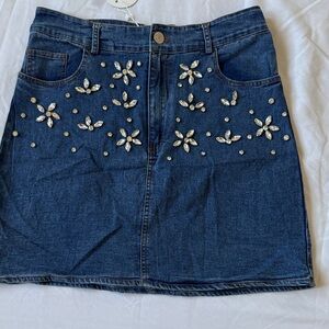 Pastels Blue Denim Skirt with Floral Accents